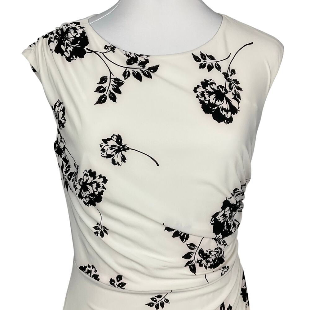 LAUREN RALPH LAUREN Dress Ruched Sleeveless White Black Floral Print sz 6 8P - Picture 7 of 16
